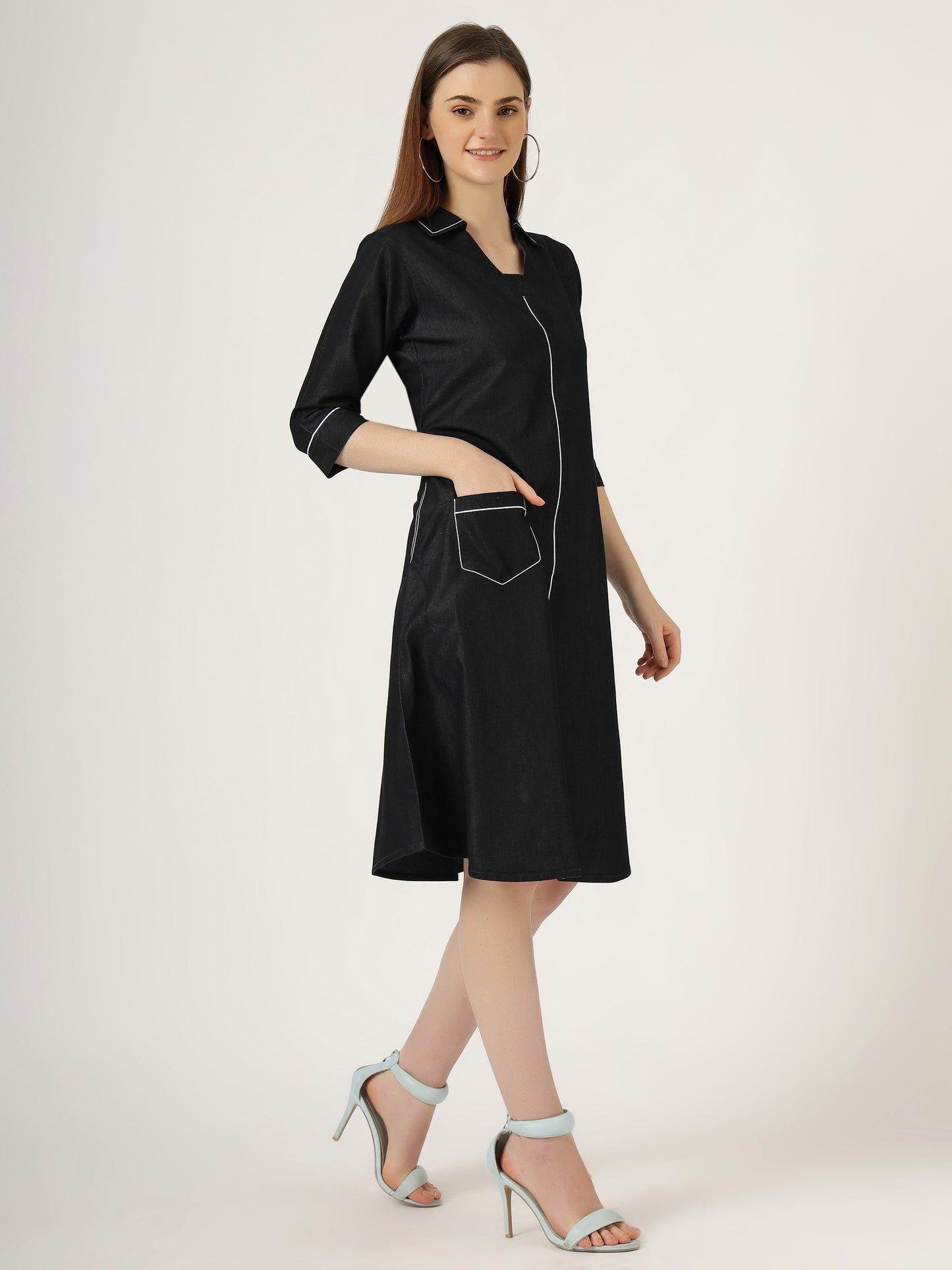 Women's 3/4 Sleeve Black Denim A-Line Dress with Contrast Stitching (6101)