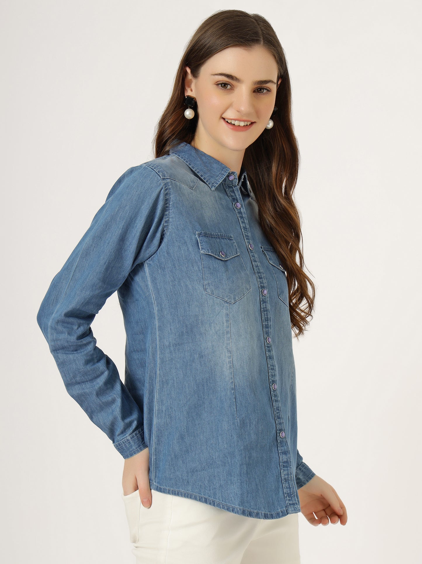 Women's Light Wash Denim Button-Down Shirt with Long Sleeves (6105)