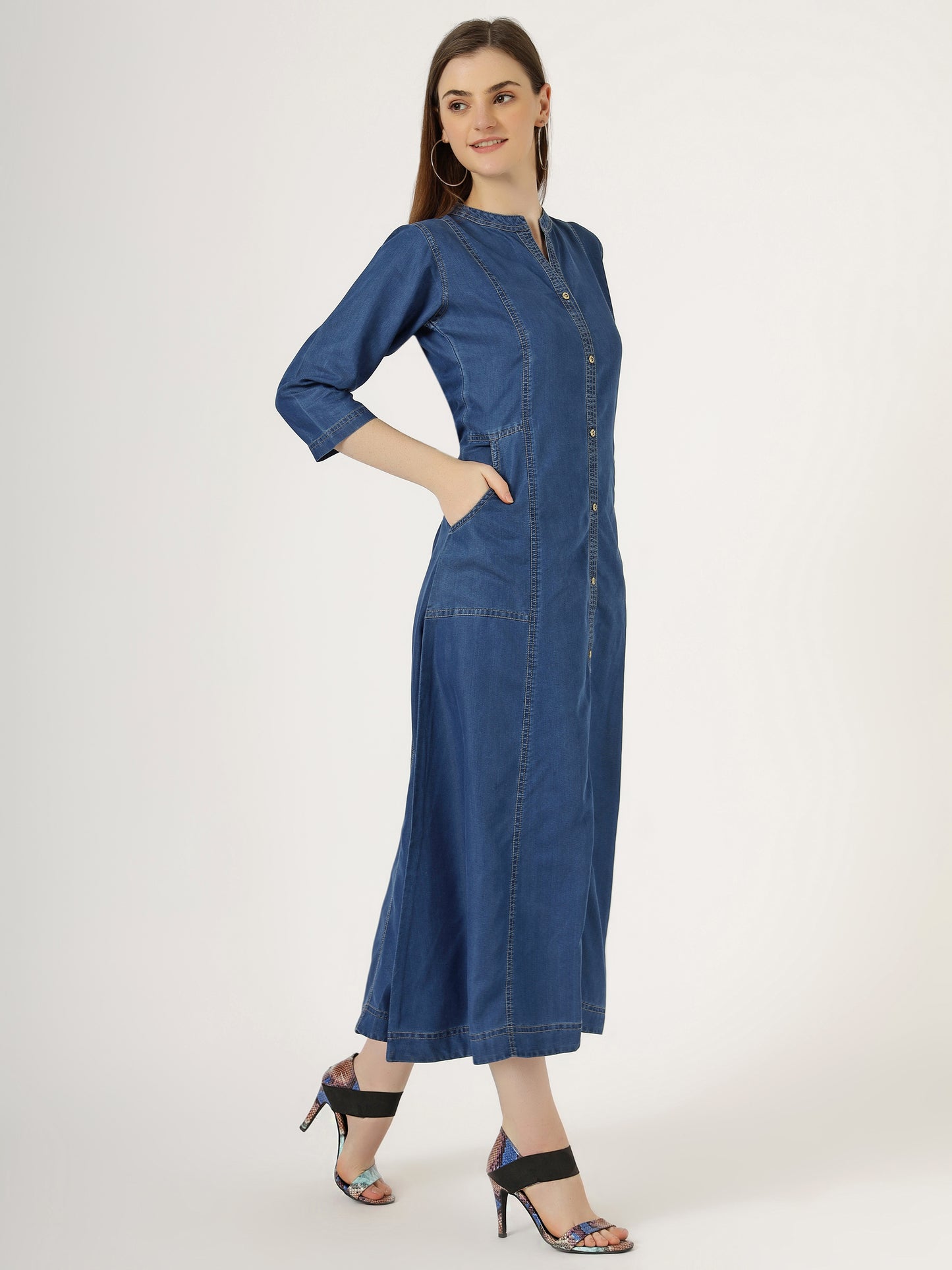 Women's 3/4 Sleeve Denim Maxi Shirt Dress (6001)