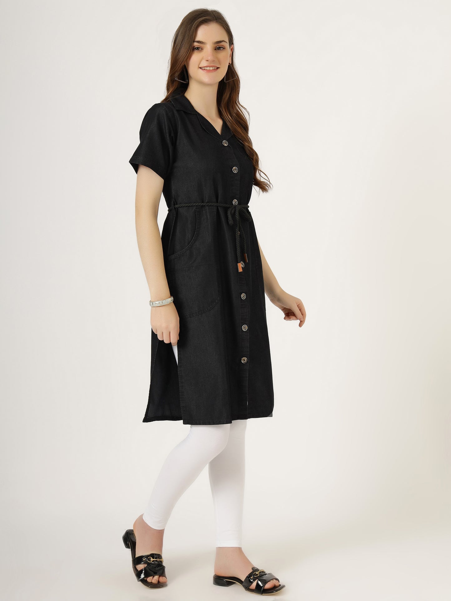 Women's Black Button-Down Denim Dress with Waist Tie (6081)