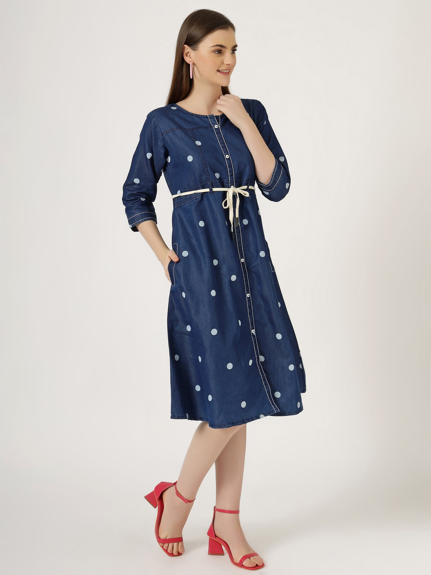 Women's Polka Dot Denim A-Line Dress with Waist Tie (6094)