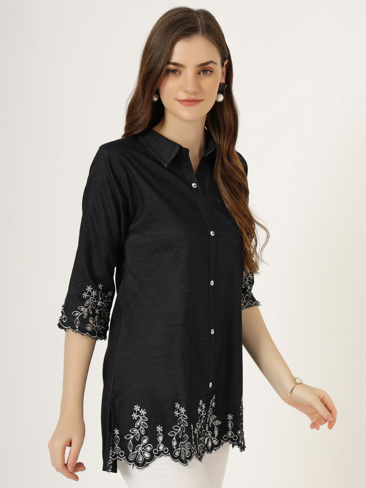 Colour Villa Women's Black Embroidered Denim Tunic Shirt (6045-Z BLACK)