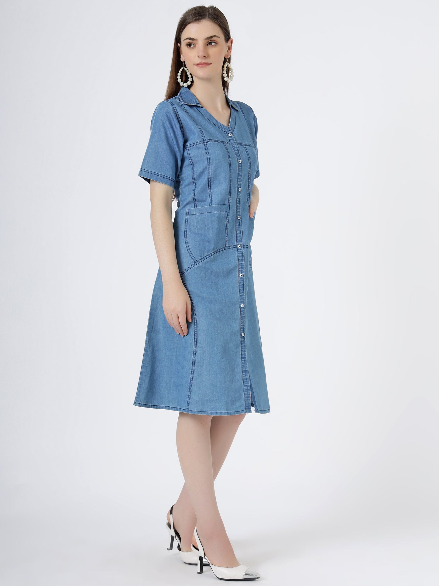 Women's Short Sleeve Button-Down Light Blue Denim Dress (6098-ICE)