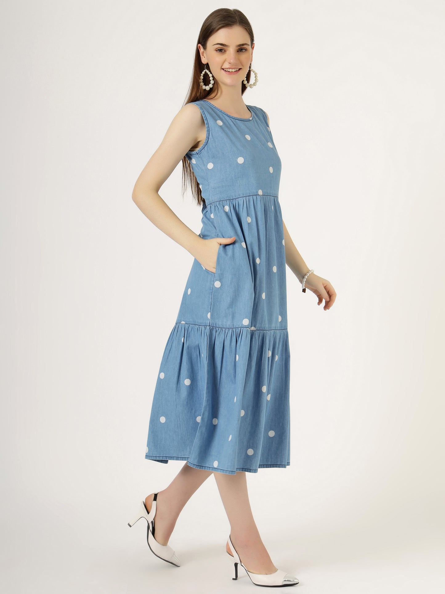 Women's Sleeveless Polka Dot Tiered Denim Midi Dress (6102)