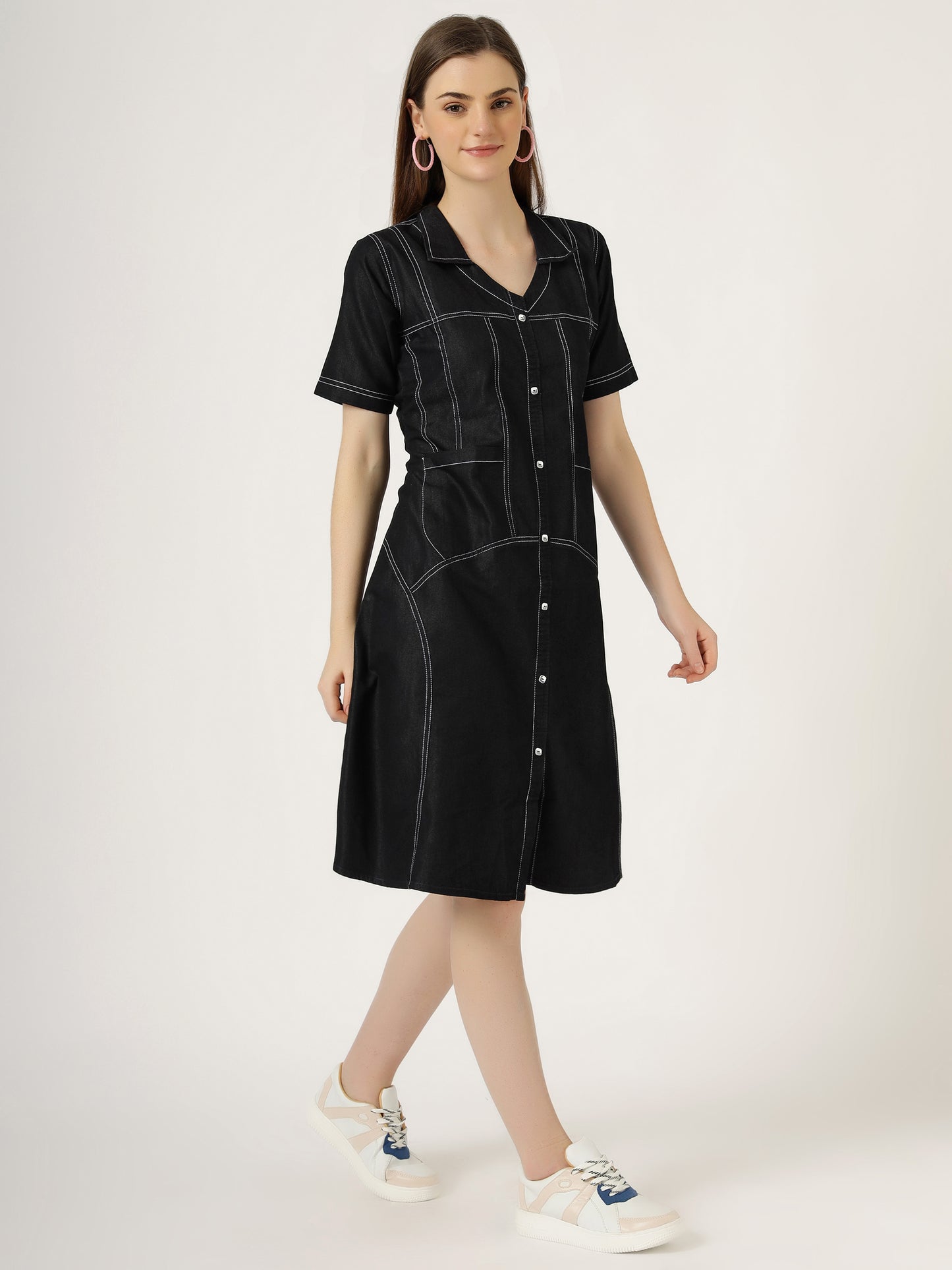 Women's Short Sleeve Button-Down Black Denim Dress (6098-Z Black)