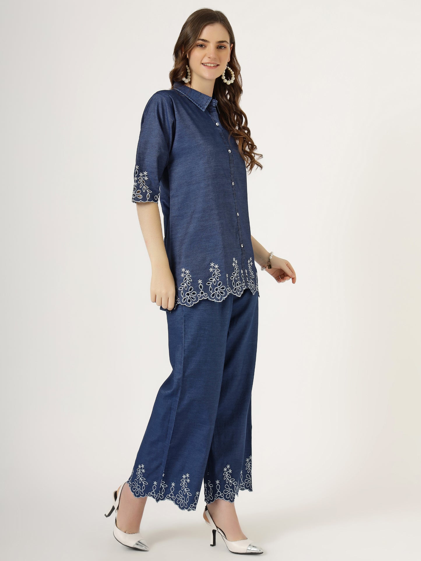 Women's Embroidered Denim Co-Ord Set with Shirt and Palazzo (6093)