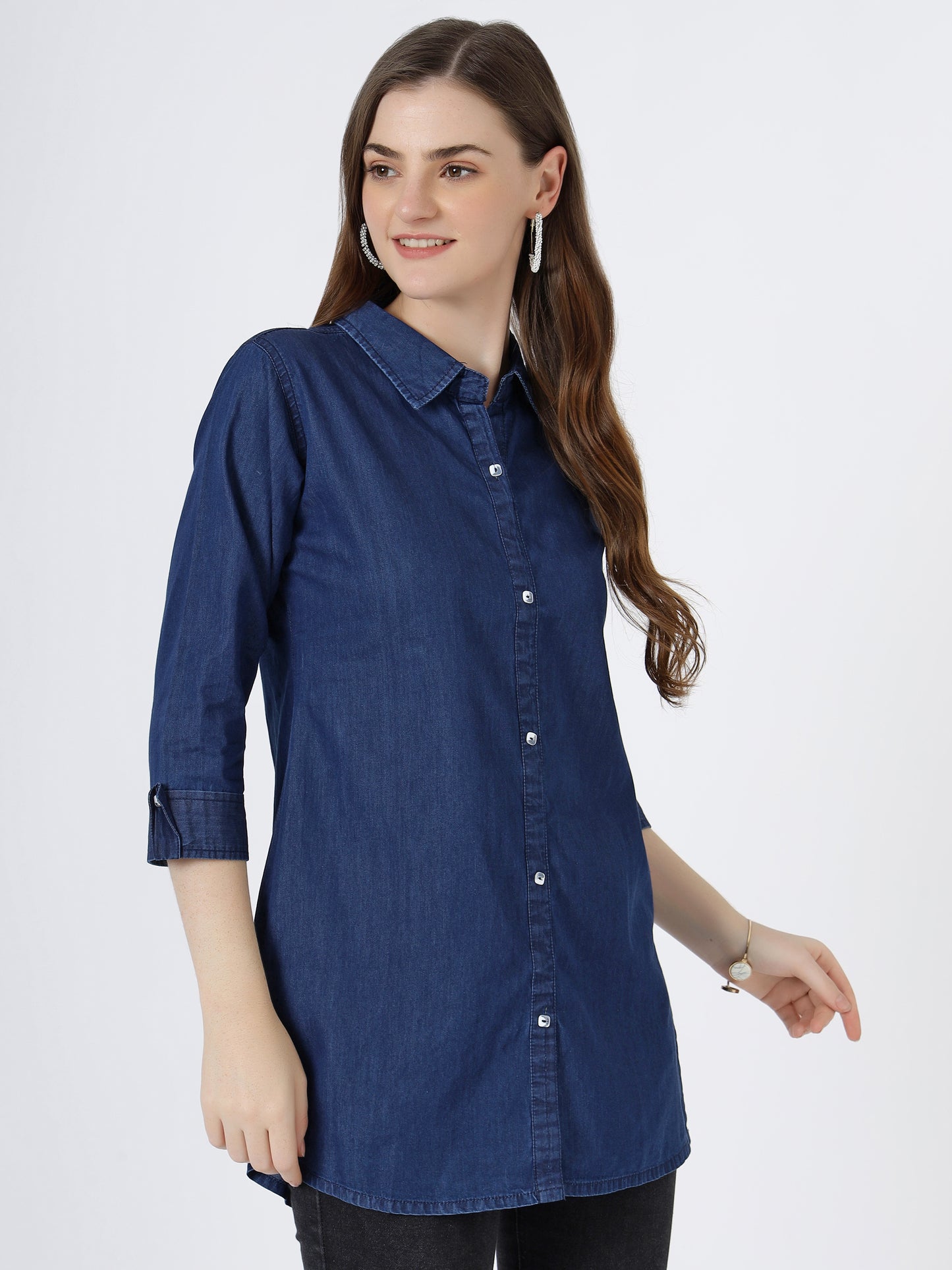 Women's Classic Denim Shirt with Roll-Up Sleeves (6076)