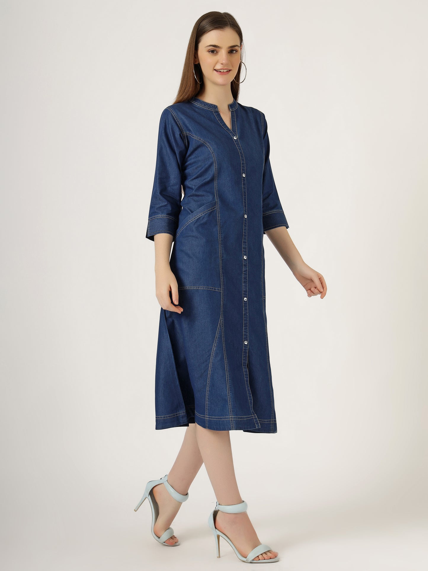 Women's 3/4 Sleeve A-Line Denim Button-Down Dress (6057)