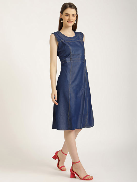 Women's Sleeveless Denim A-Line Dress with Round Neck (6090)