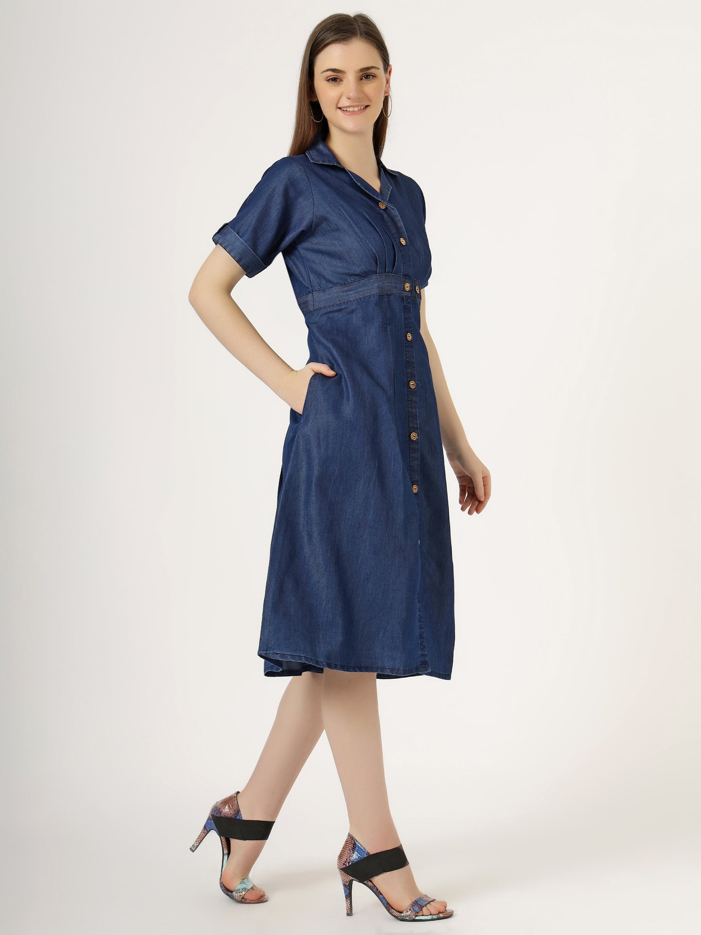 Women's Short-Sleeve Pleated Denim Shirt Dress (6033)