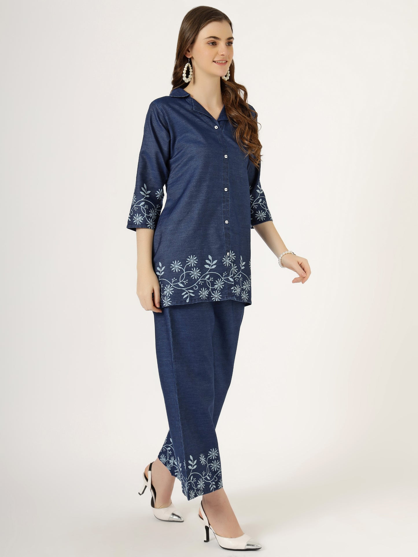 Women's Embroidered Denim Co-Ord Set with Shirt and Palazzo Pants (6106)