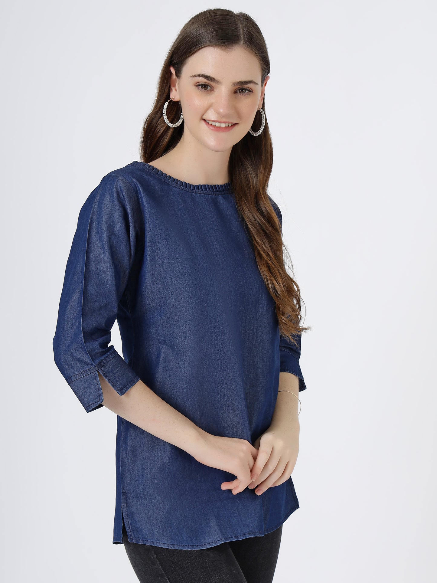 Women's 3/4 Sleeve Denim Top with Round Neck (6092)