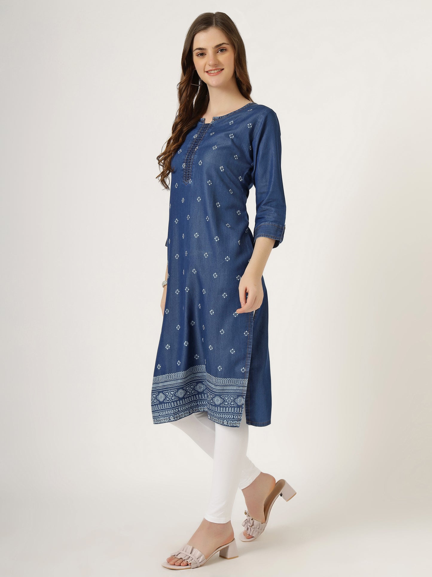 Women's Embroidered Denim Straight Kurti (6049)