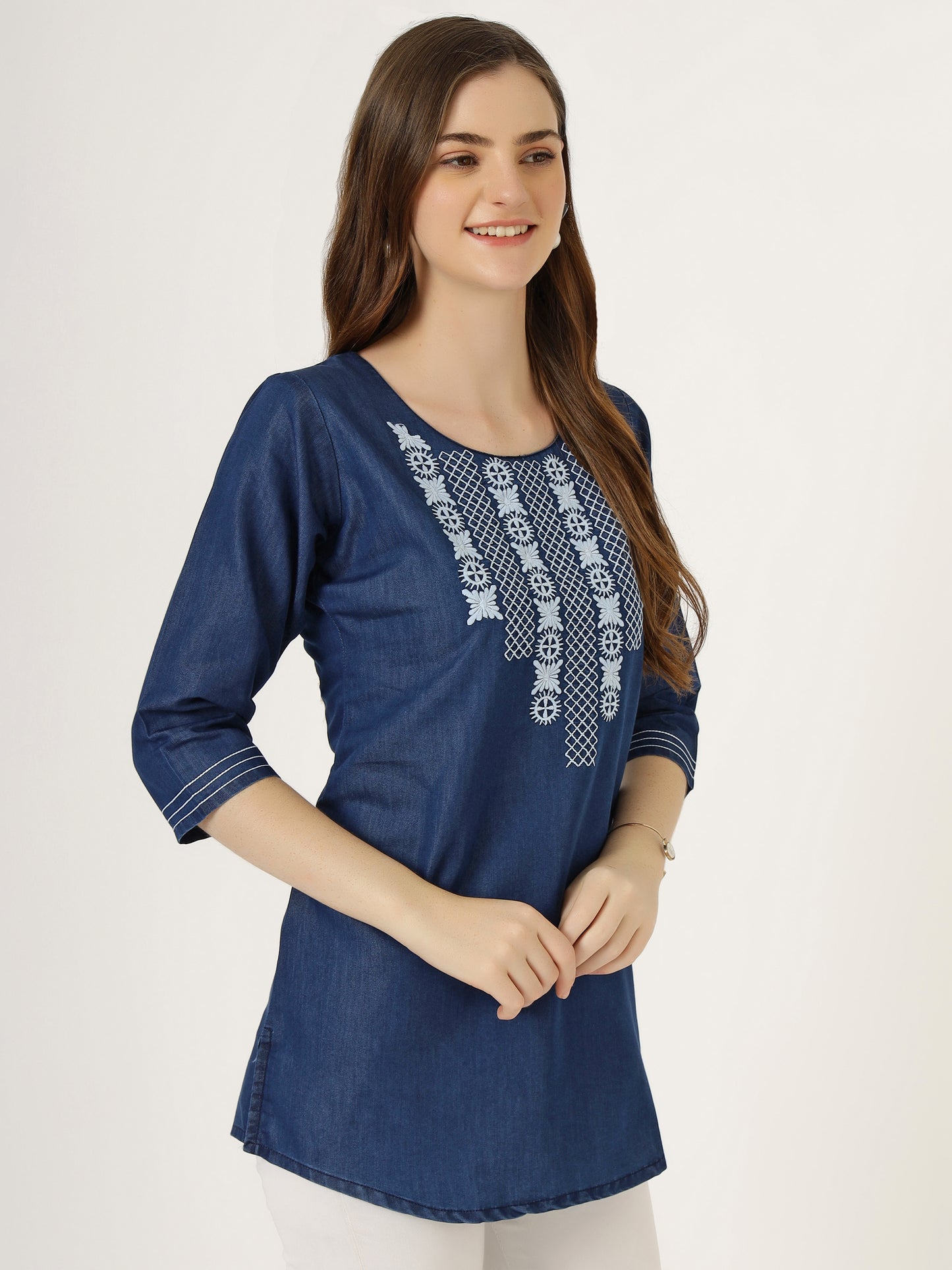 Women's Embroidered Denim Tunic Top with 3/4 Sleeves (6103)