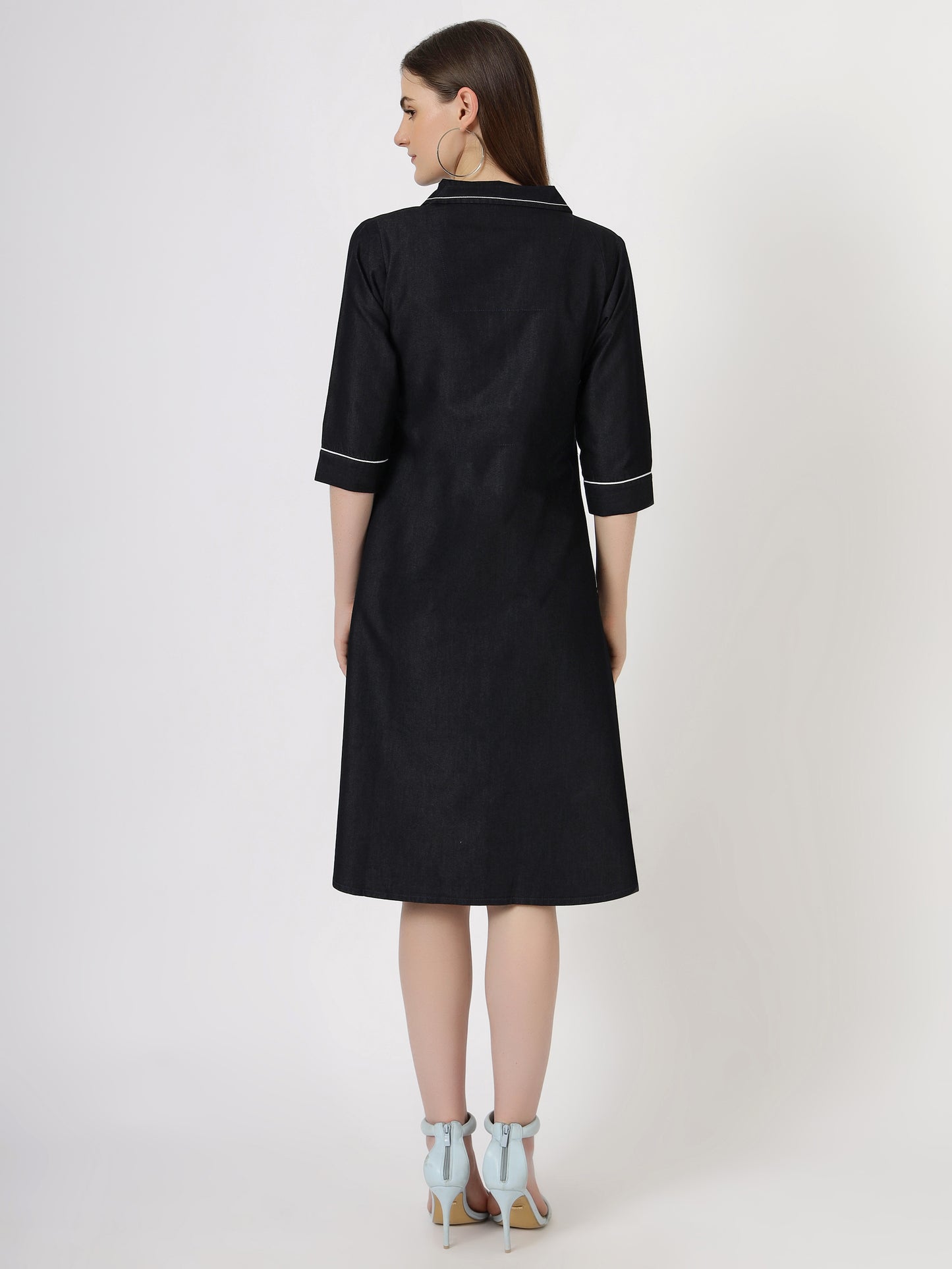 Women's 3/4 Sleeve Black Denim A-Line Dress with Contrast Stitching (6101)