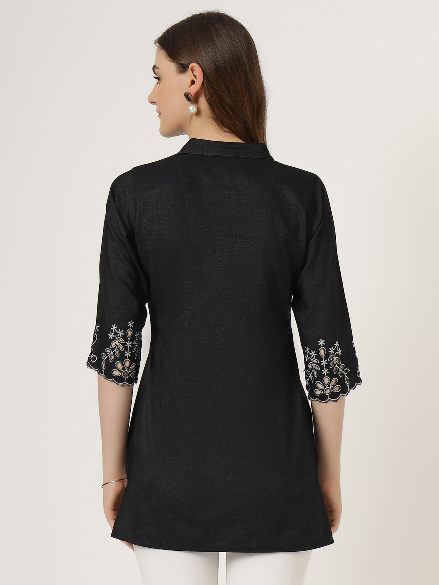 Colour Villa Women's Black Embroidered Denim Tunic Shirt (6045-Z BLACK)