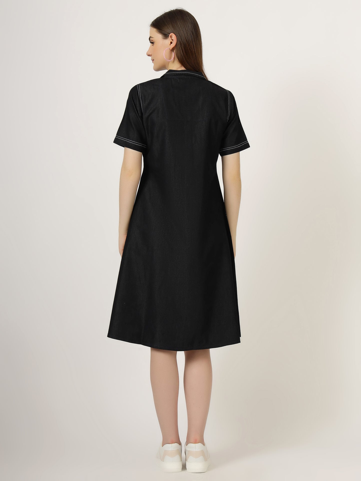 Women's Short Sleeve Button-Down Black Denim Dress (6098-Z Black)