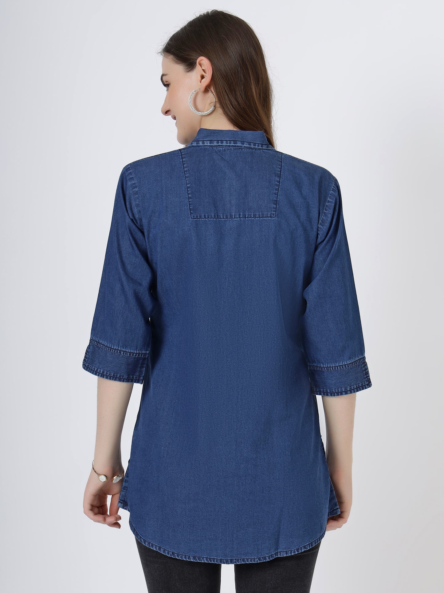 Women's Classic Button-Down Denim Shirt with 3/4 Sleeves (6099)