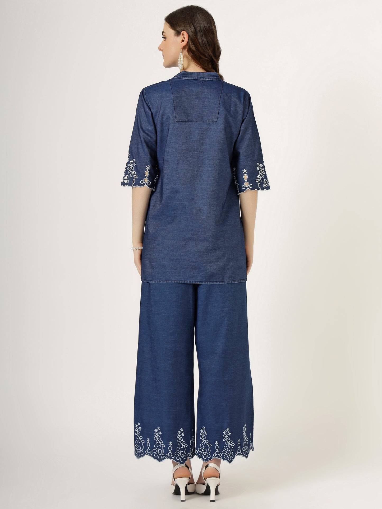 Women's Embroidered Denim Co-Ord Set with Shirt and Palazzo (6093)