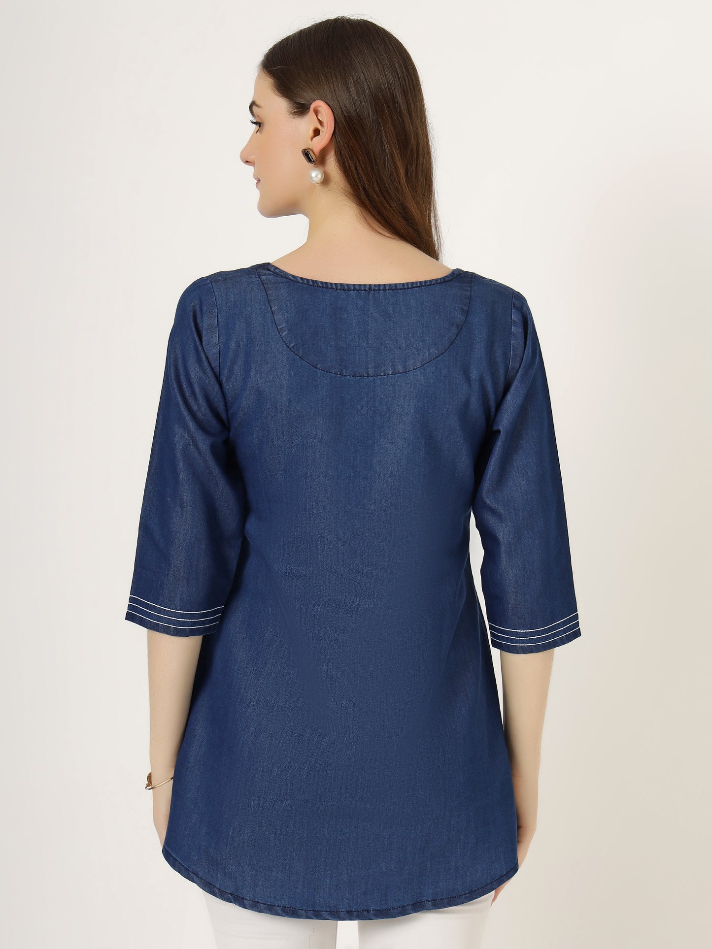 Women's Embroidered Denim Tunic Top with 3/4 Sleeves (6103)