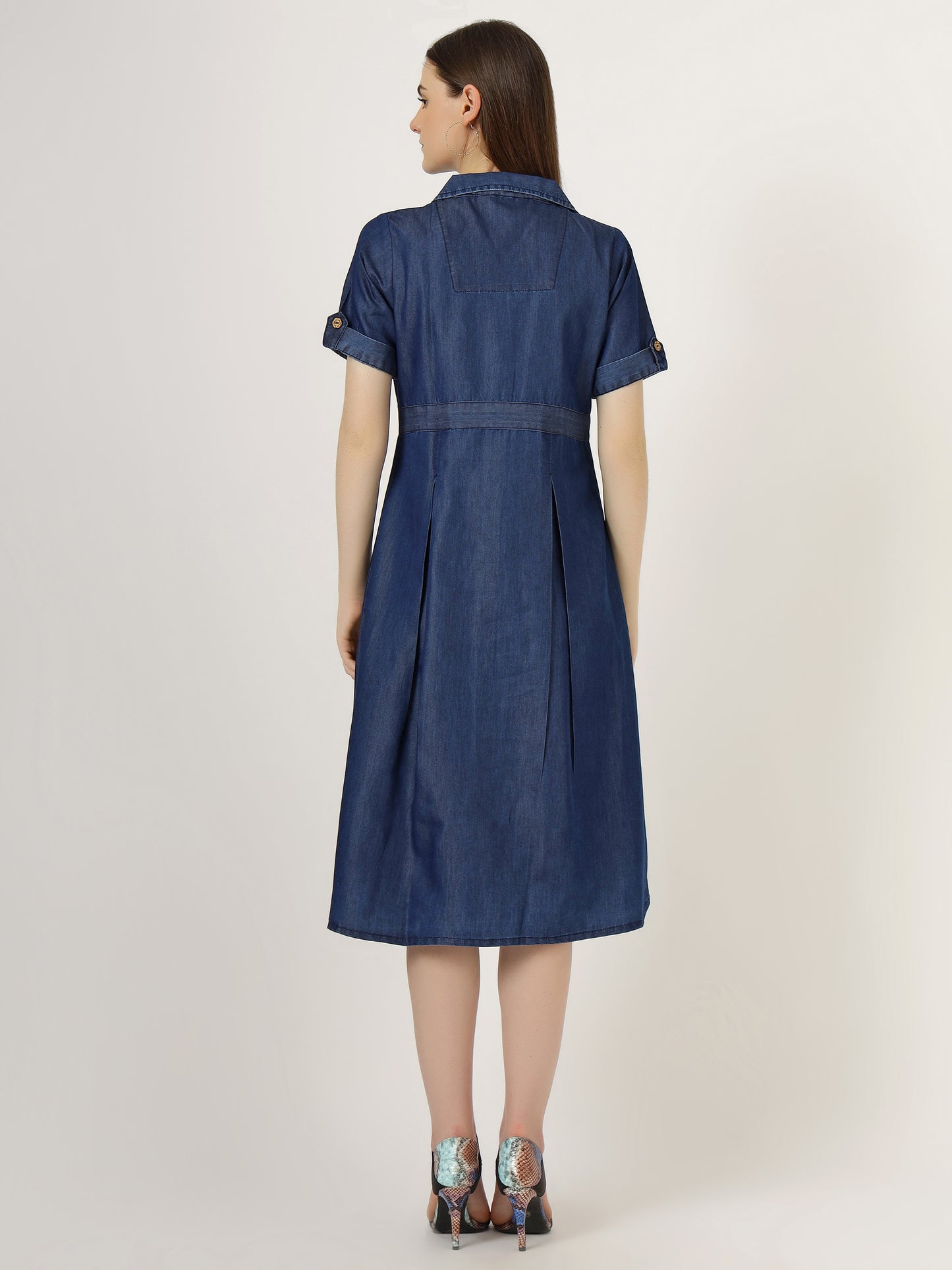 Women's Short-Sleeve Pleated Denim Shirt Dress (6033)