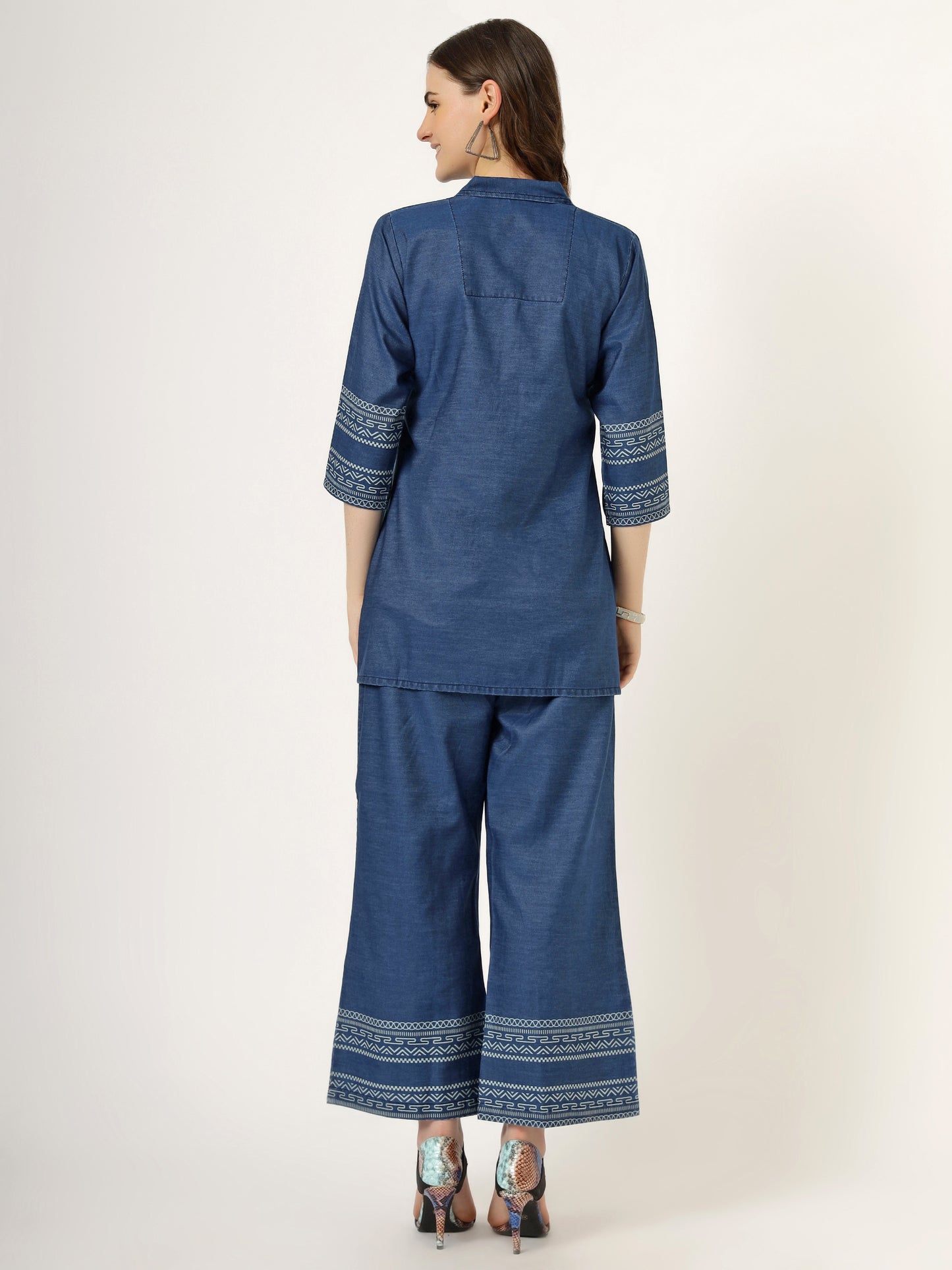 Women's Embroidered Denim Co-Ord Set with Tribal Print and Palazzo Pants (6107)