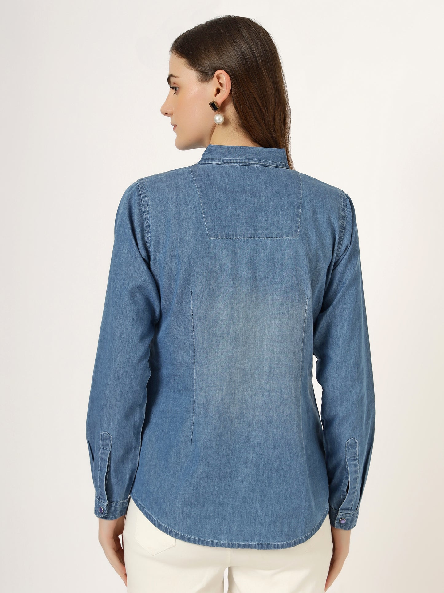 Women's Light Wash Denim Button-Down Shirt with Long Sleeves (6105)