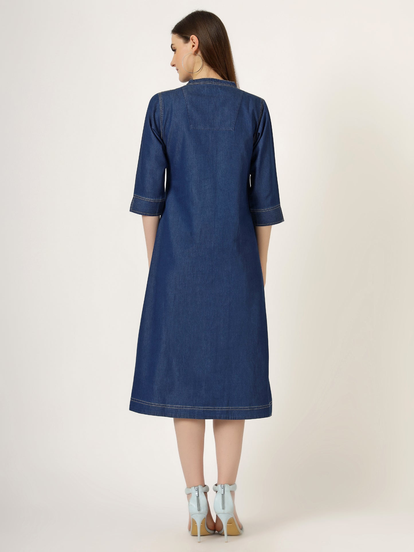 Women's 3/4 Sleeve A-Line Denim Button-Down Dress (6057)