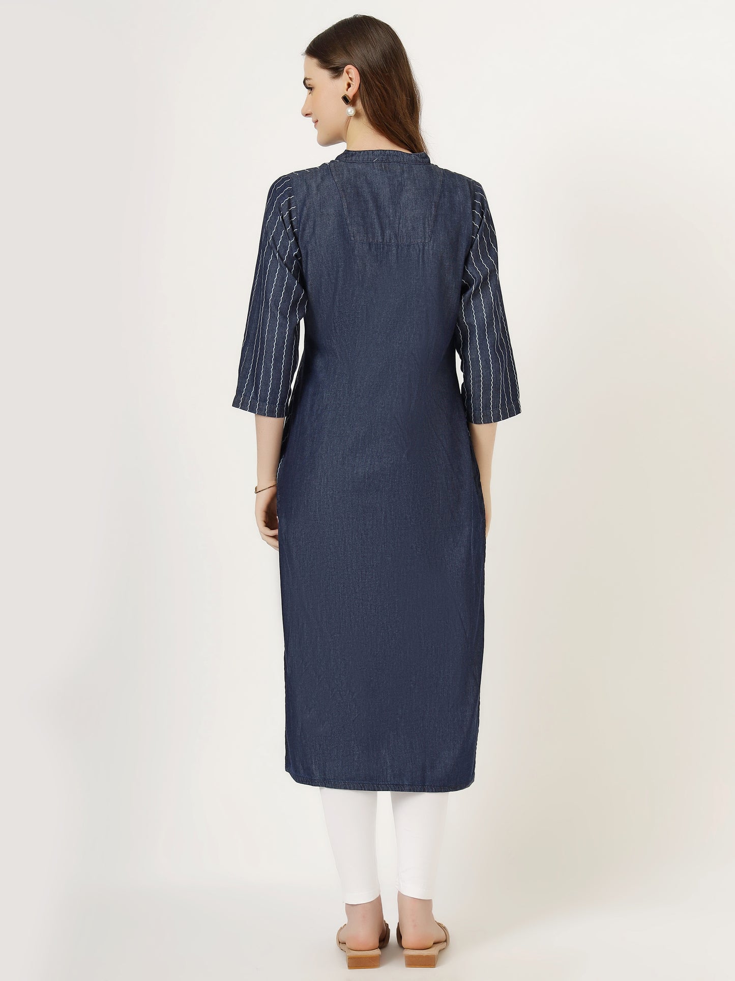 Women's Striped Denim Kurti with Mandarin Collar (6065)