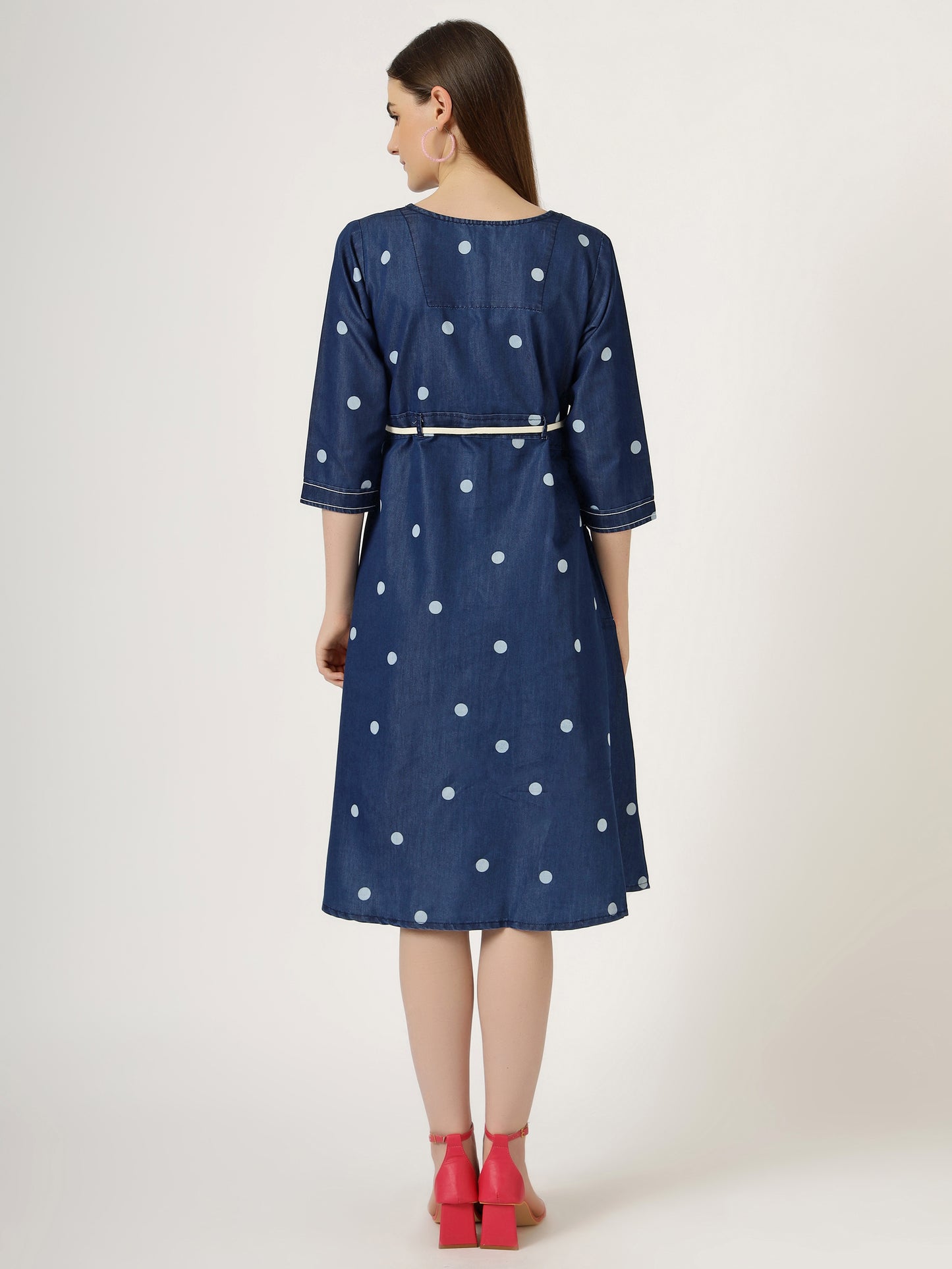 Women's Polka Dot Denim A-Line Dress with Waist Tie (6094)