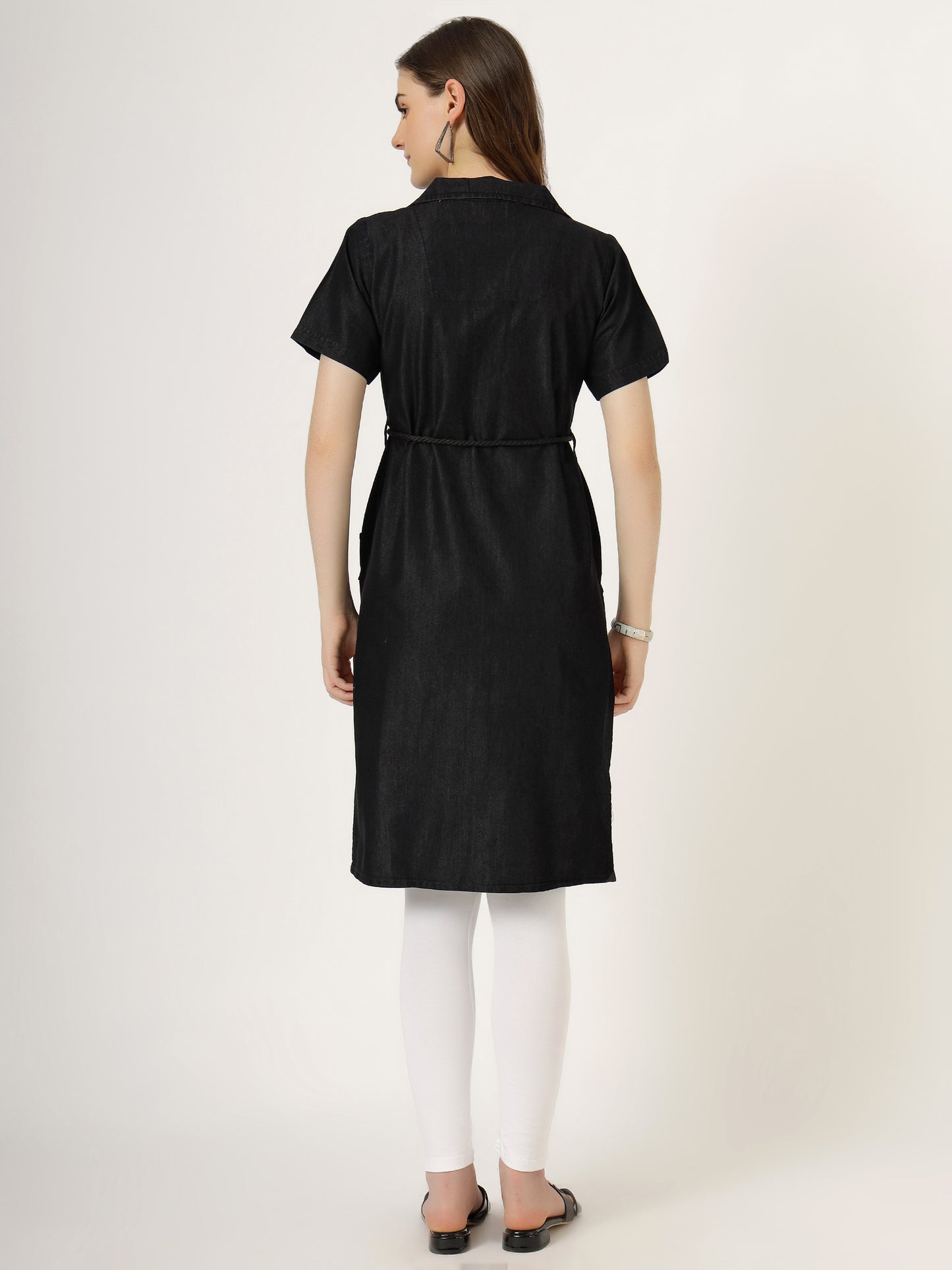 Women's Black Button-Down Denim Dress with Waist Tie (6081)