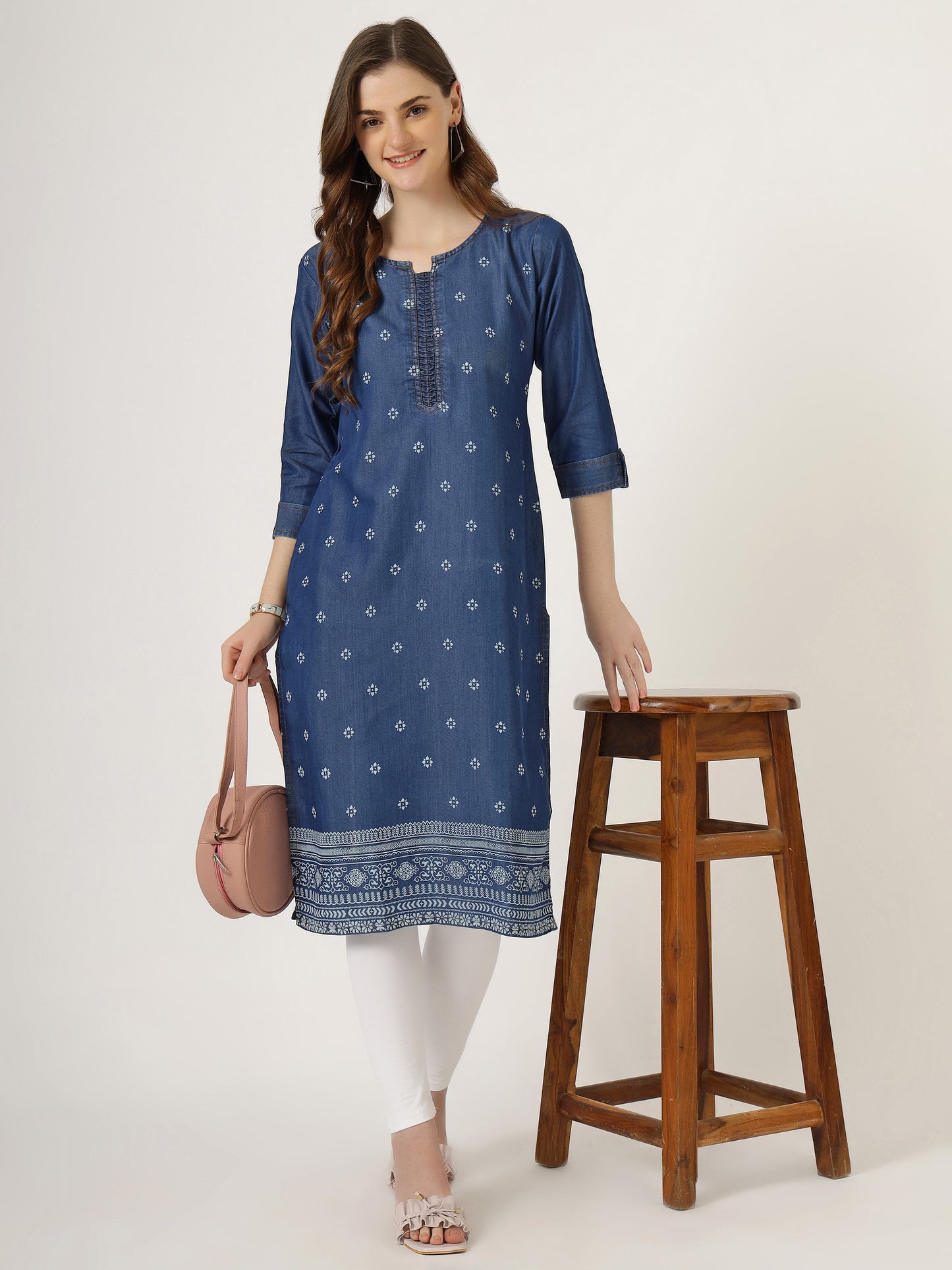 Women's Embroidered Denim Straight Kurti (6049)