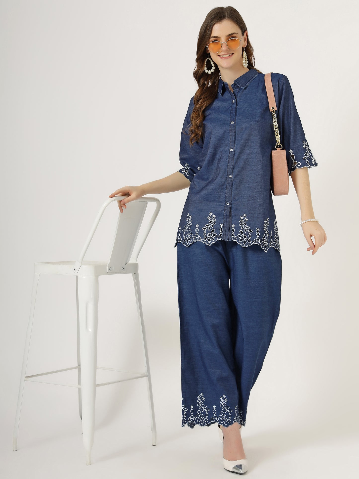 Women's Embroidered Denim Co-Ord Set with Shirt and Palazzo (6093)