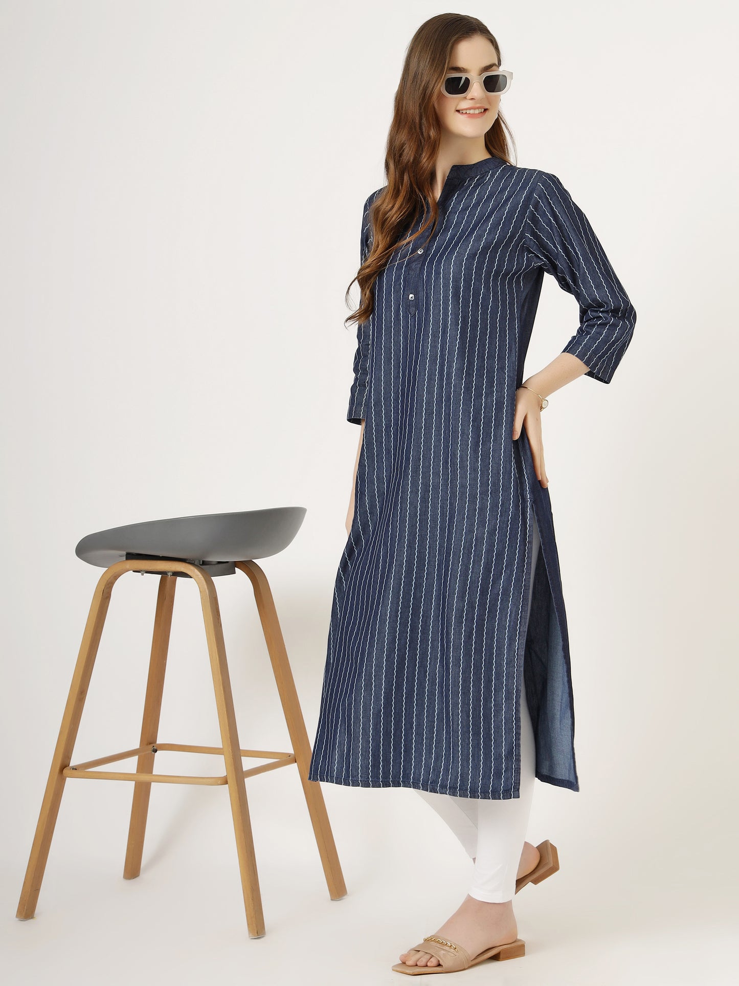 Women's Striped Denim Kurti with Mandarin Collar (6065)