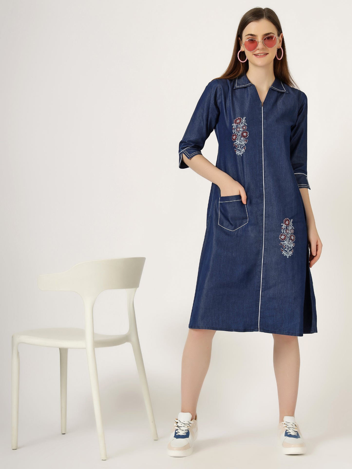 Women's Embroidered Denim A-Line Dress with 3/4 Sleeves (6097)