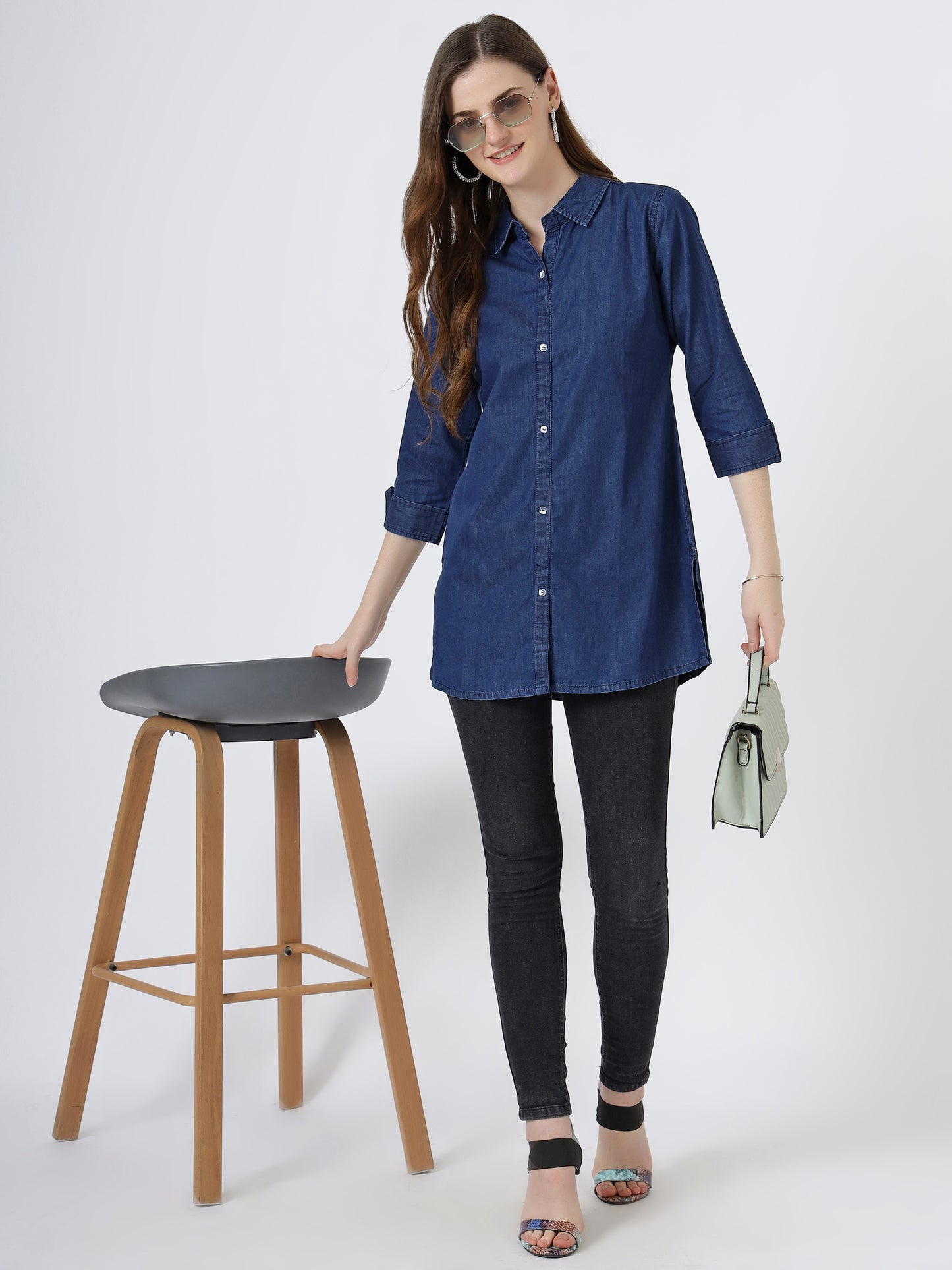 Women's Classic Denim Shirt with Roll-Up Sleeves (6076)