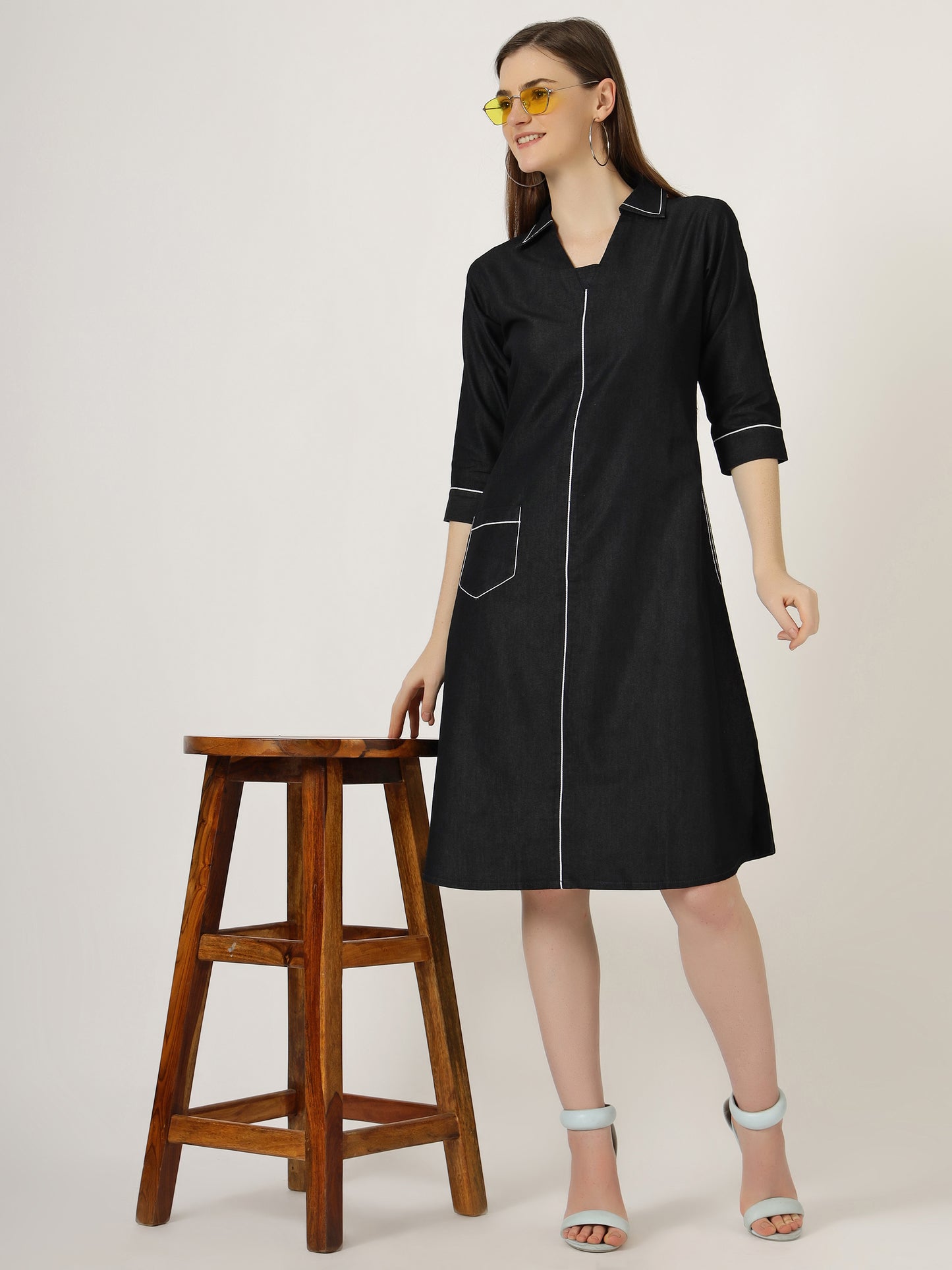 Women's 3/4 Sleeve Black Denim A-Line Dress with Contrast Stitching (6101)