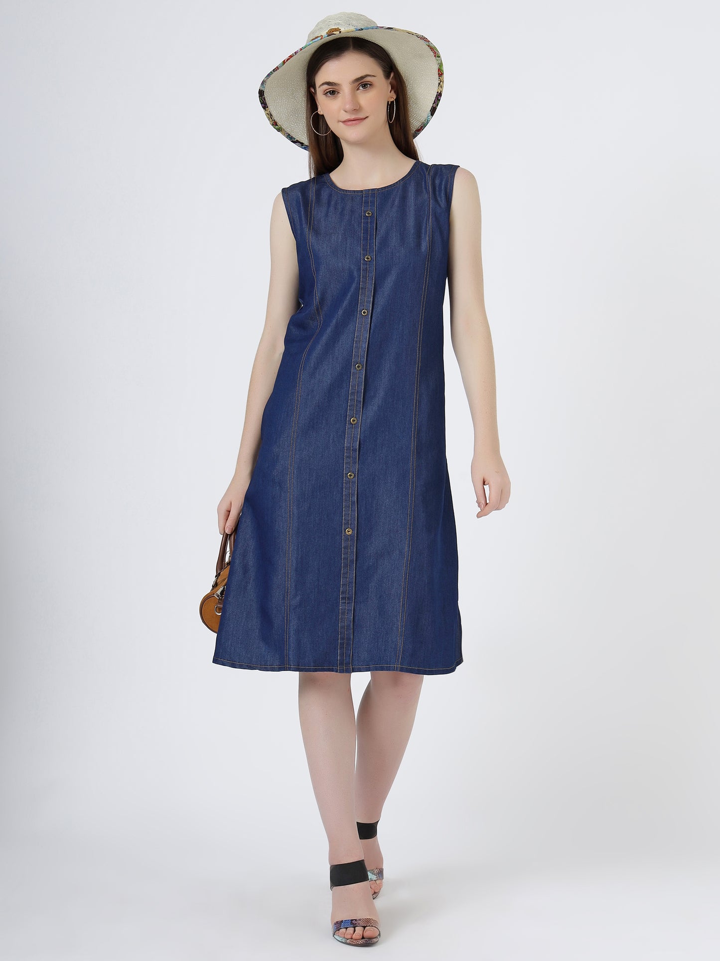 Women's Sleeveless Button-Down Denim Shift Dress (6096)