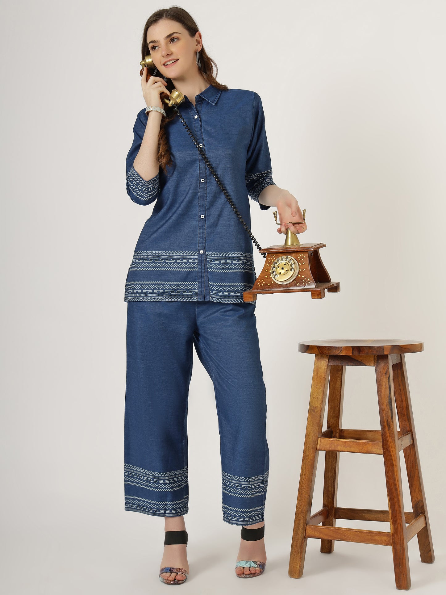 Women's Embroidered Denim Co-Ord Set with Tribal Print and Palazzo Pants (6107)