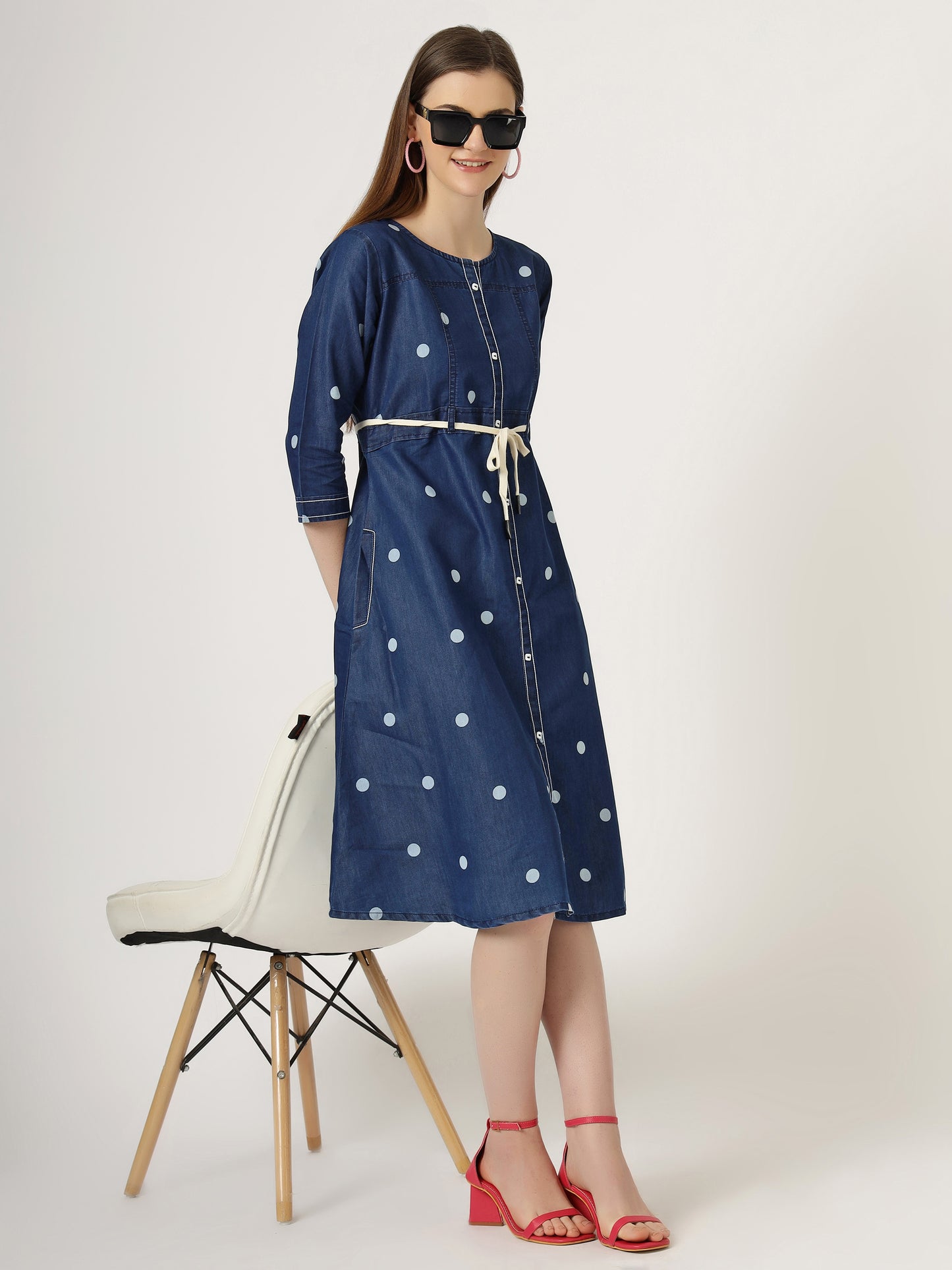 Women's Polka Dot Denim A-Line Dress with Waist Tie (6094)