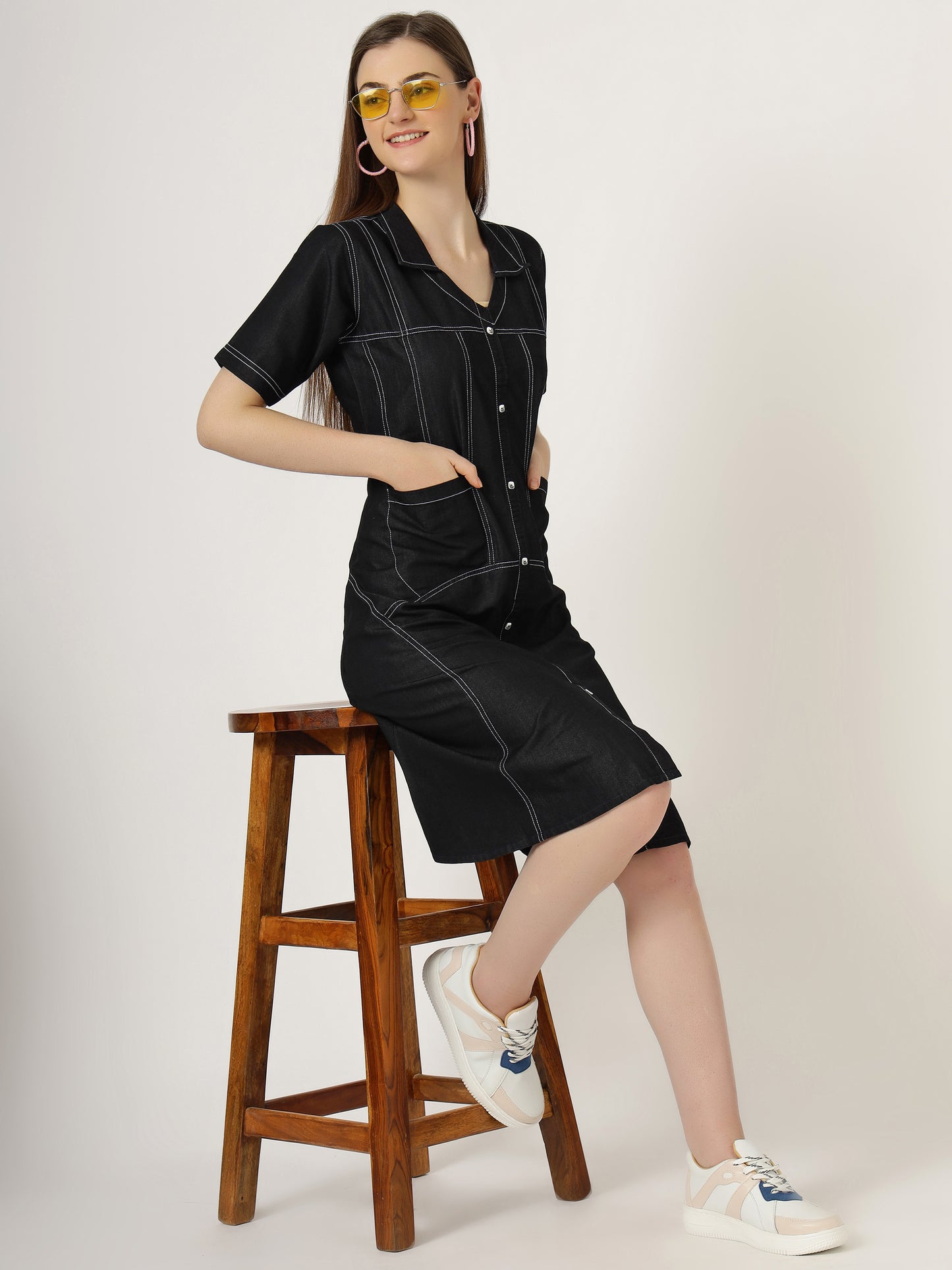 Women's Short Sleeve Button-Down Black Denim Dress (6098-Z Black)