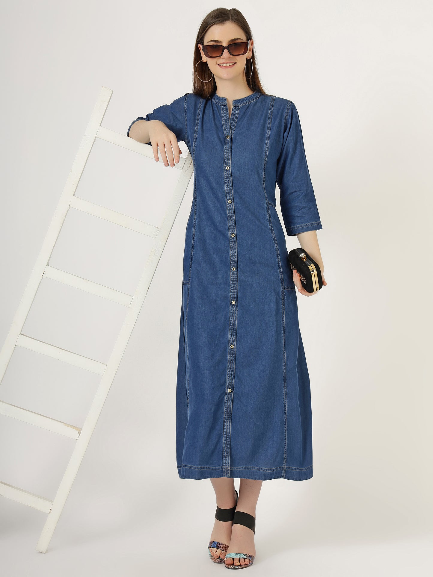 Women's 3/4 Sleeve Denim Maxi Shirt Dress (6001)