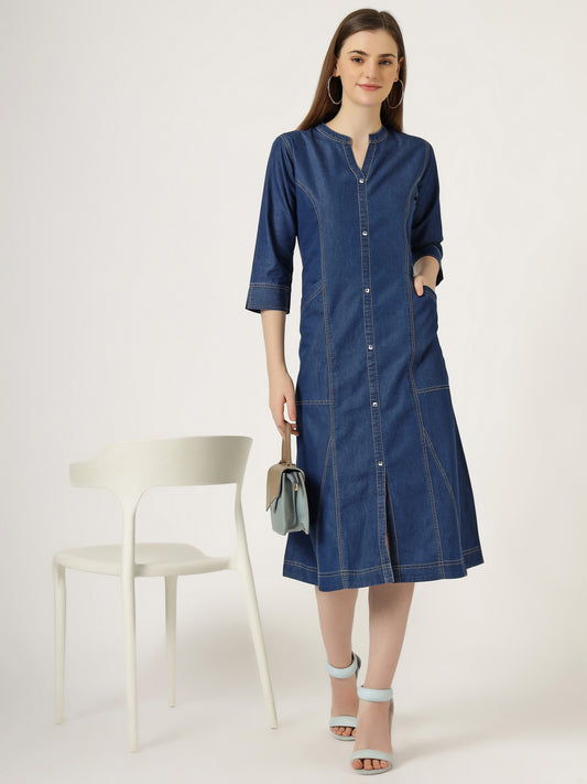 Women's 3/4 Sleeve A-Line Denim Button-Down Dress (6057)