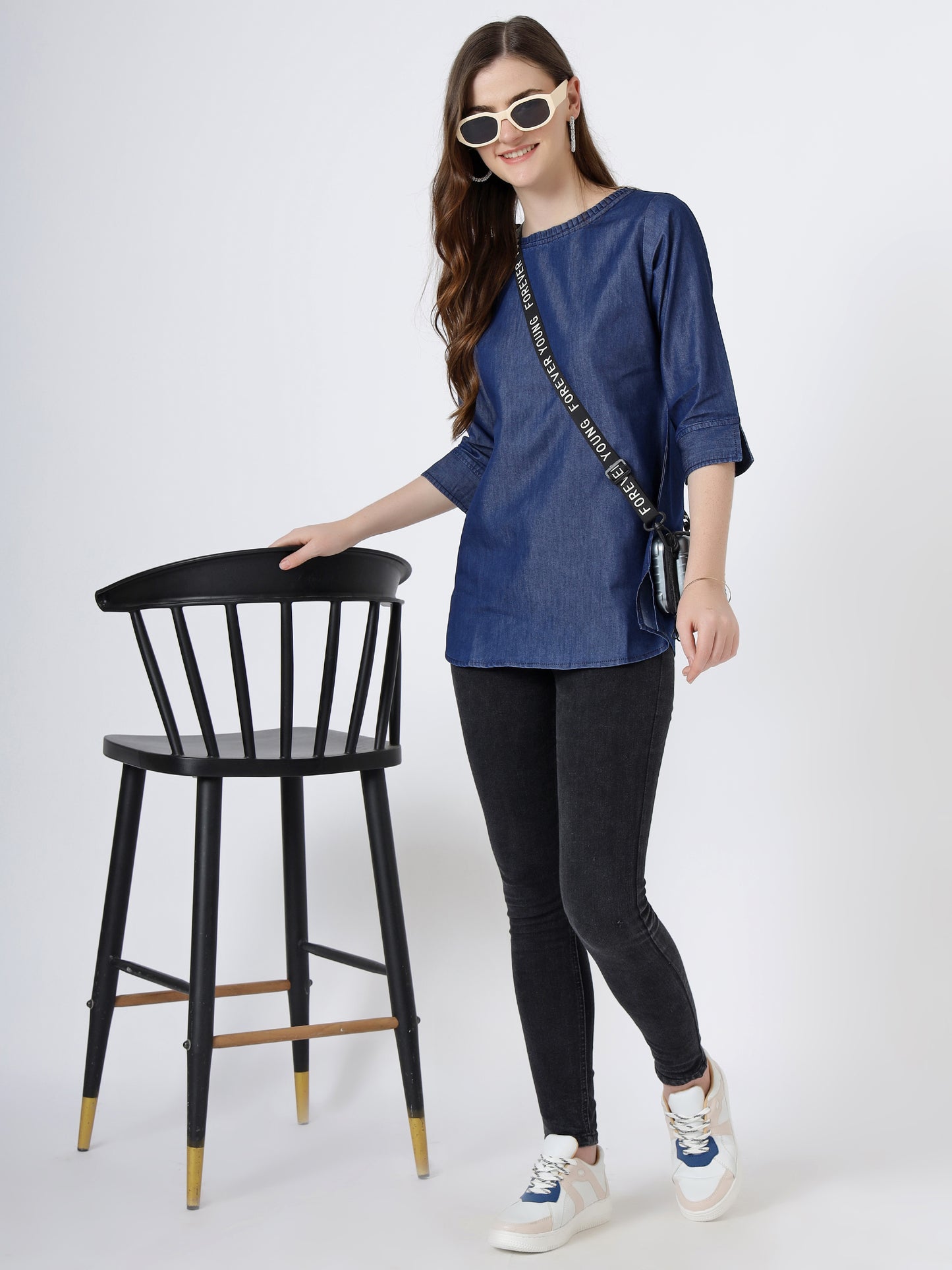 Women's 3/4 Sleeve Denim Top with Round Neck (6092)