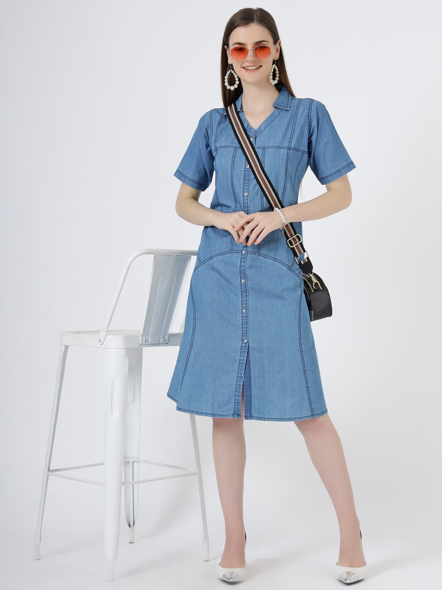 Women's Short Sleeve Button-Down Light Blue Denim Dress (6098-ICE)