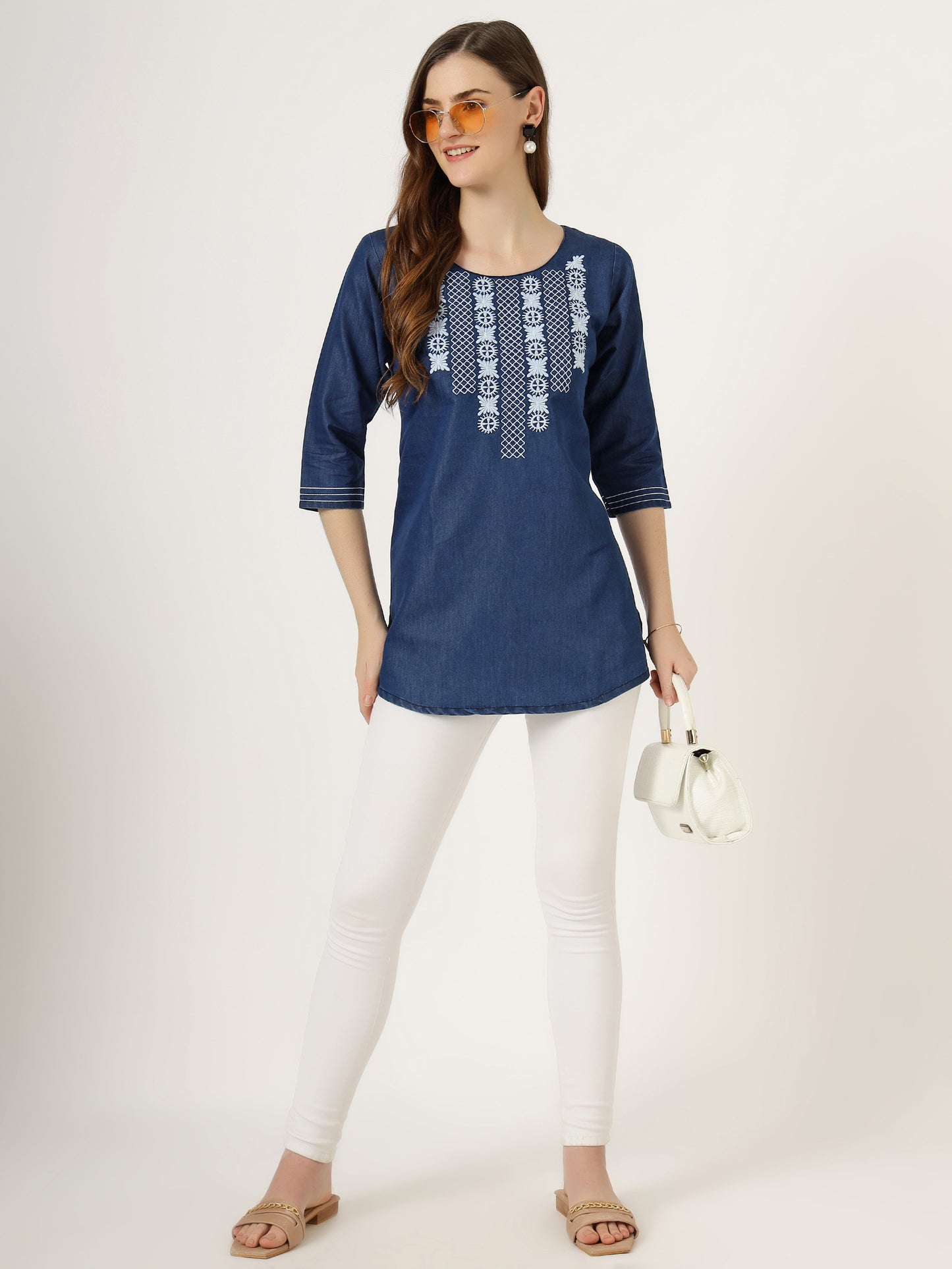 Women's Embroidered Denim Tunic Top with 3/4 Sleeves (6103)