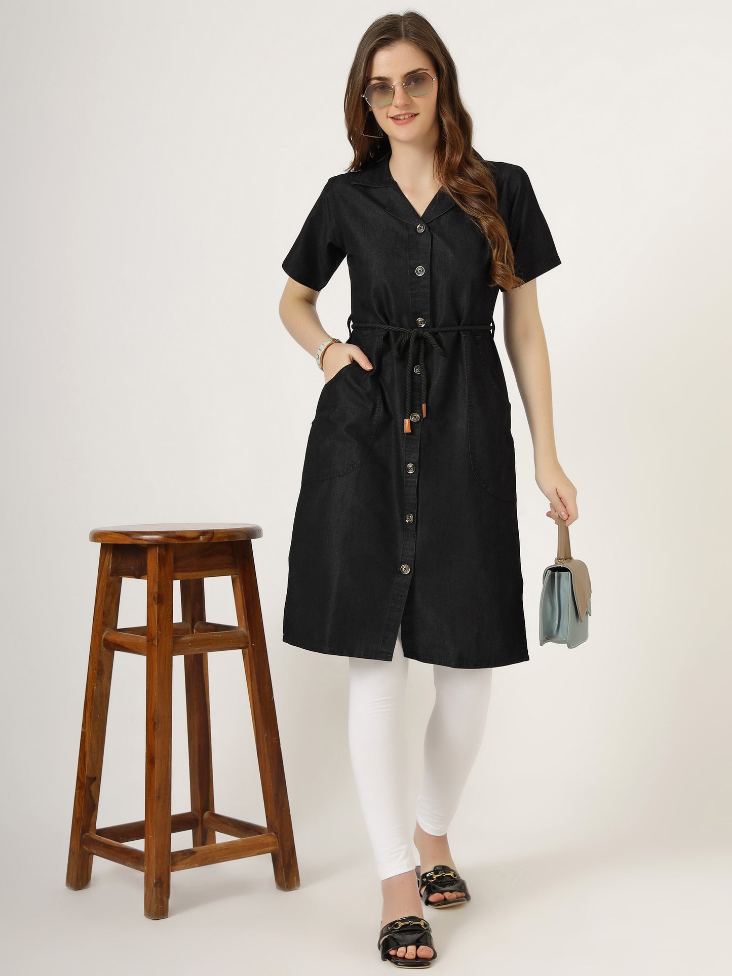 Women's Black Button-Down Denim Dress with Waist Tie (6081)