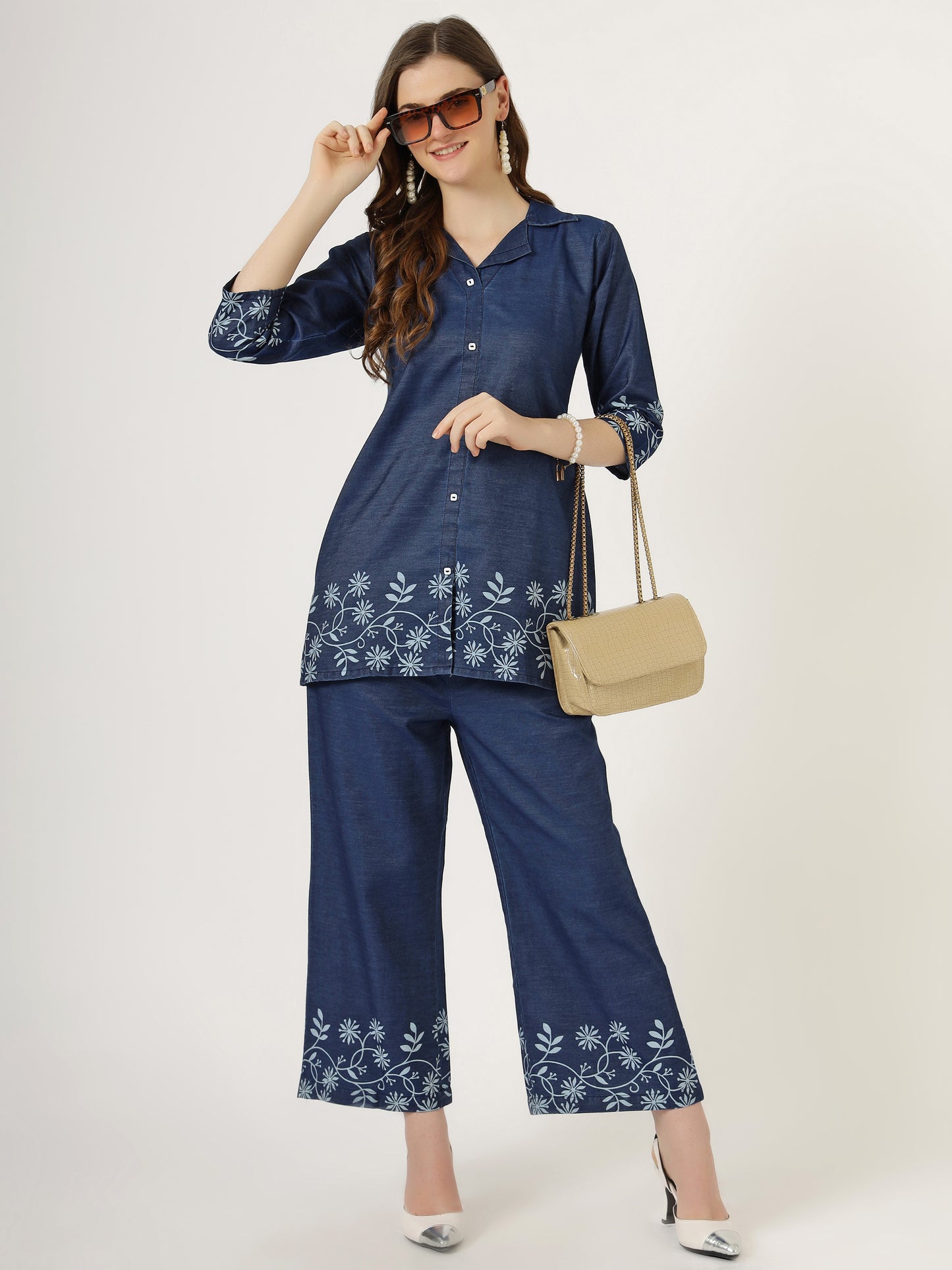 Women's Embroidered Denim Co-Ord Set with Shirt and Palazzo Pants (6106)