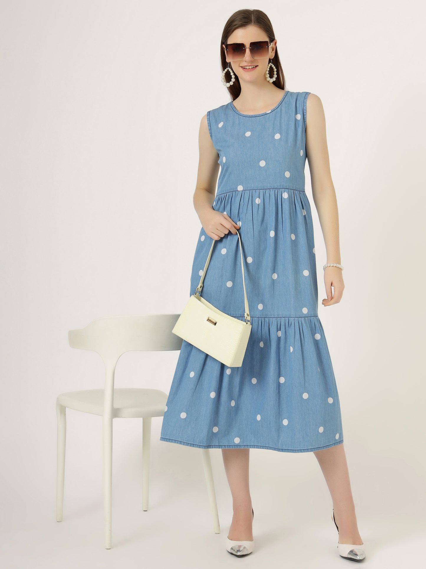 Women's Sleeveless Polka Dot Tiered Denim Midi Dress (6102)