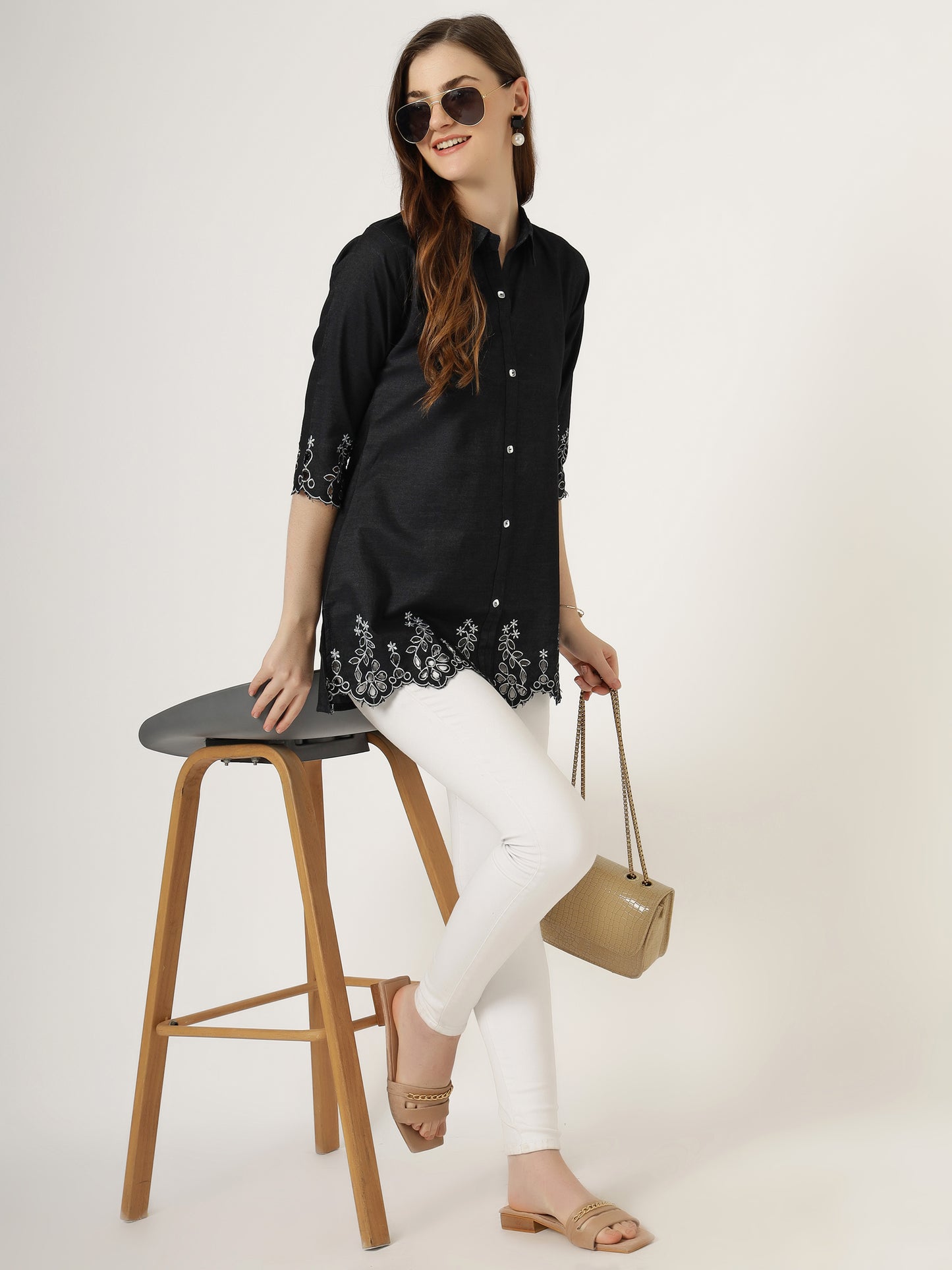 Colour Villa Women's Black Embroidered Denim Tunic Shirt (6045-Z BLACK)